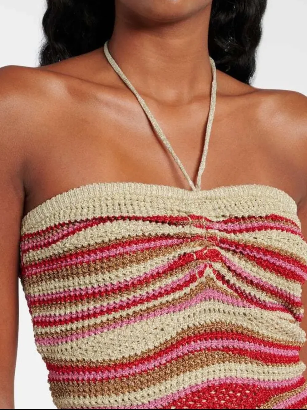 Striped Crochet Halter Tube Top in Beige, Pink & Red - Picture 2 of 8